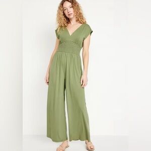 Waist-Defined Shirred Jumpsuit Olive Green